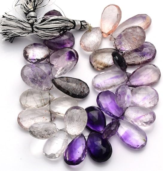BEADS GEMSTONE 1 Strand Natural Amethyst Rutile Faceted Pear Shape Briolettes 7 Inch Long long 10x12-15x24 mm Code-HIGH-5319
