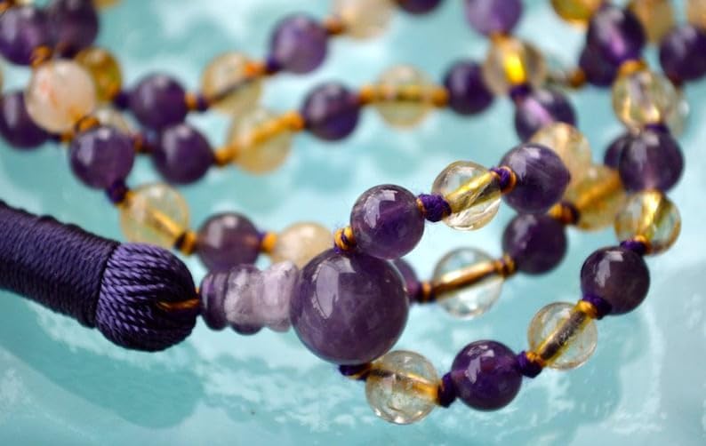 Natural Ametrine, Amethyst, Citrine 6mm 108 Mala Beads, Spiritual, Meditation Beads, Reiki, Japa Mala, Buddhist Prayer Beads, Yoga Bracelet, healing beads LKMALA-RRGU-1881