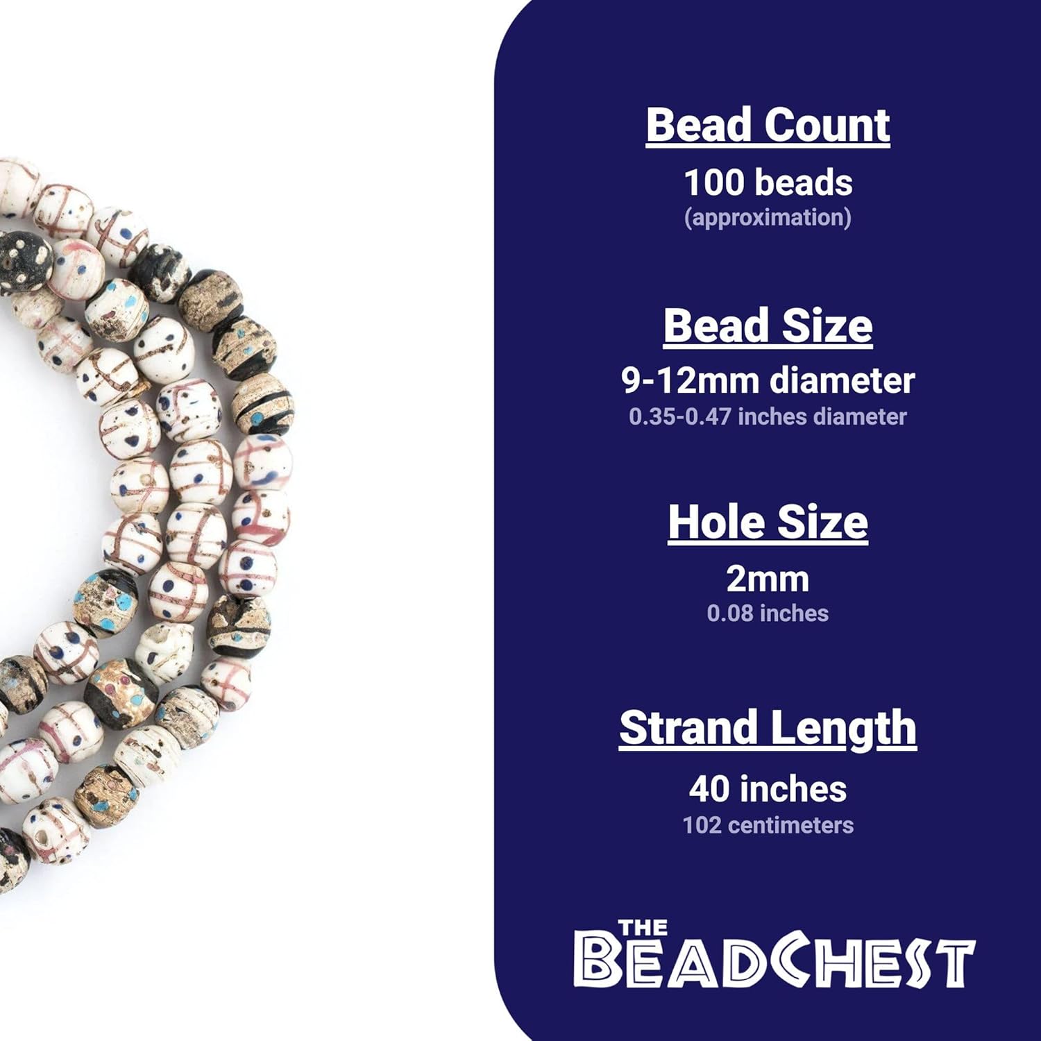 The Bead Chest Antique Venetian Medicine Man Trade Beads Double Strand 11mm Ethiopia African Multicolor Round Glass Large Hole 40 Inch Strand