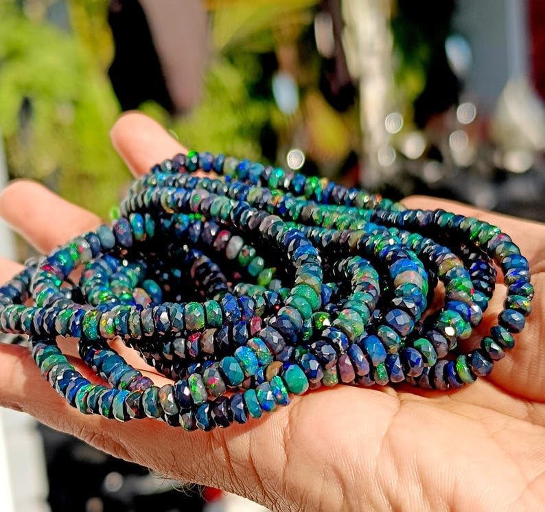 100% Natural Ethiopian Black Opal Faceted Roundel Beads Strand for Jewelry Making 4x6mm Beads