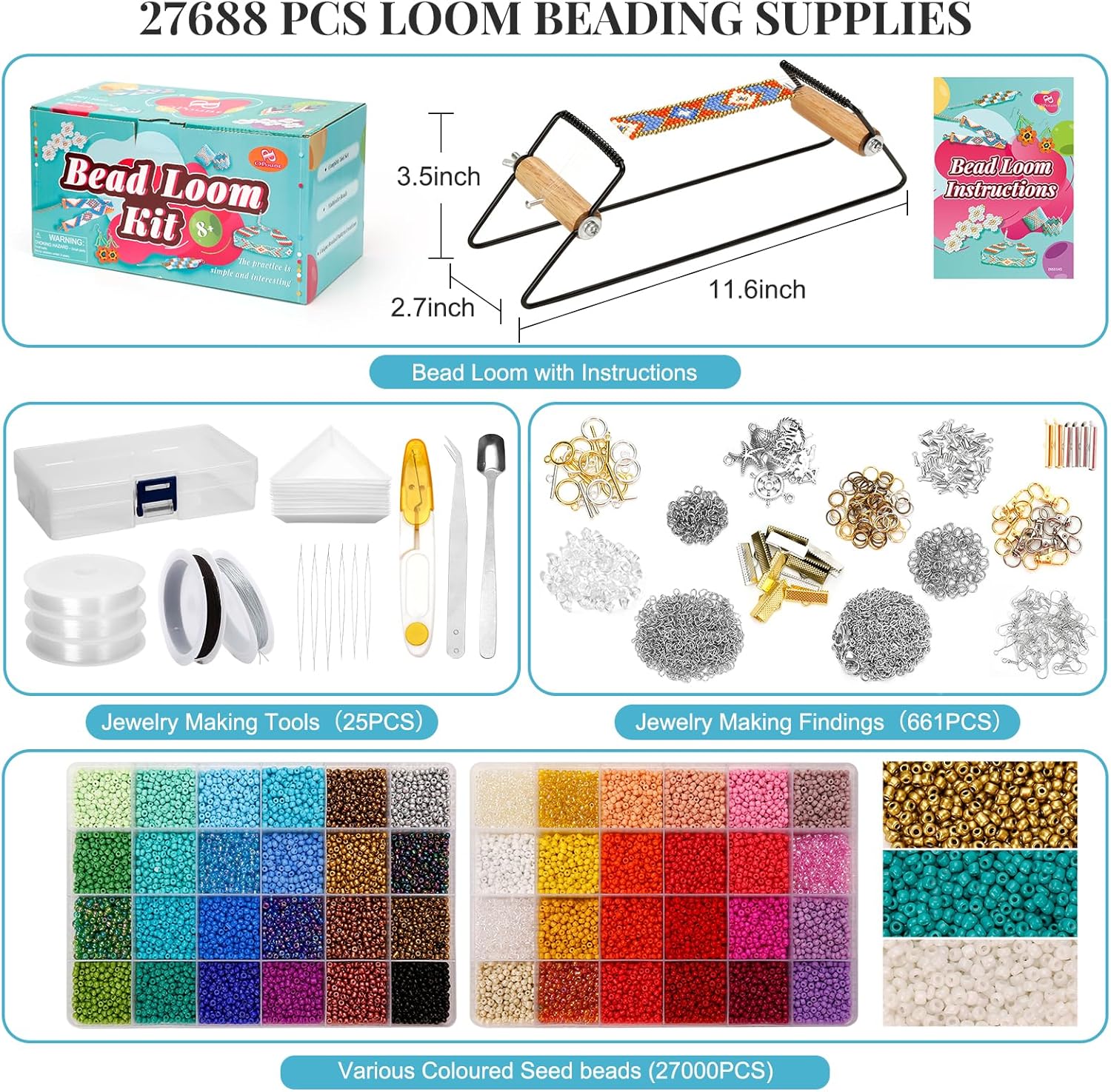 PP OPOUNT Value Bead Loom Kit with 27688 PCS Beading Supplies with 48 Color 3 mm Seed Beads & 7.3