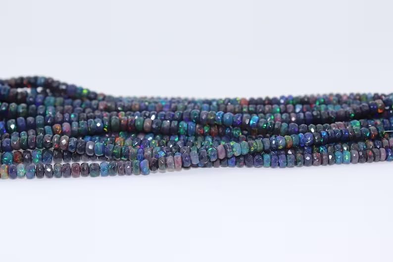 AAA+ Fire Black Opal Faceted Rondelle Beads 4-6MM Ethiopian Flashy Black Opal Beads for Jewelry Making
