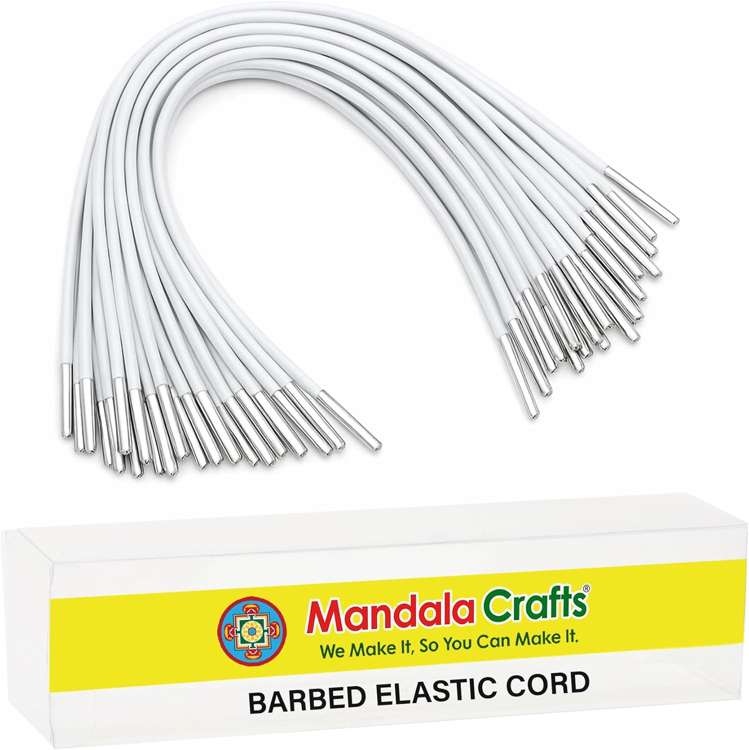 Mandala Crafts White Barbed Elastic Barbed Cord - 500 Round 13” Craft Elastic Cords with Metal Ends for Menu Bands, Badge Loops, and Light-Duty Fastening