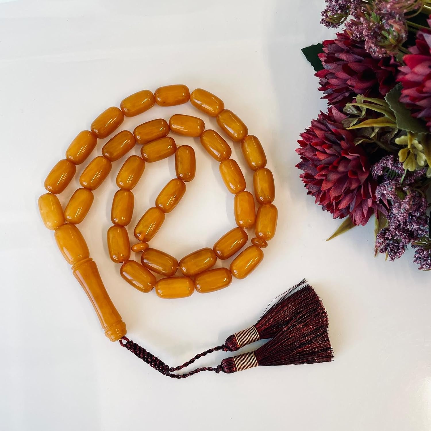 AMBERSTONE Vintage Orange Amber Islamic Prayer - Barrel Beads Rosary - Premium Handmade Tasbeeh for Dhikr - Amber Misbaha - 33 Beads / 62.6 g