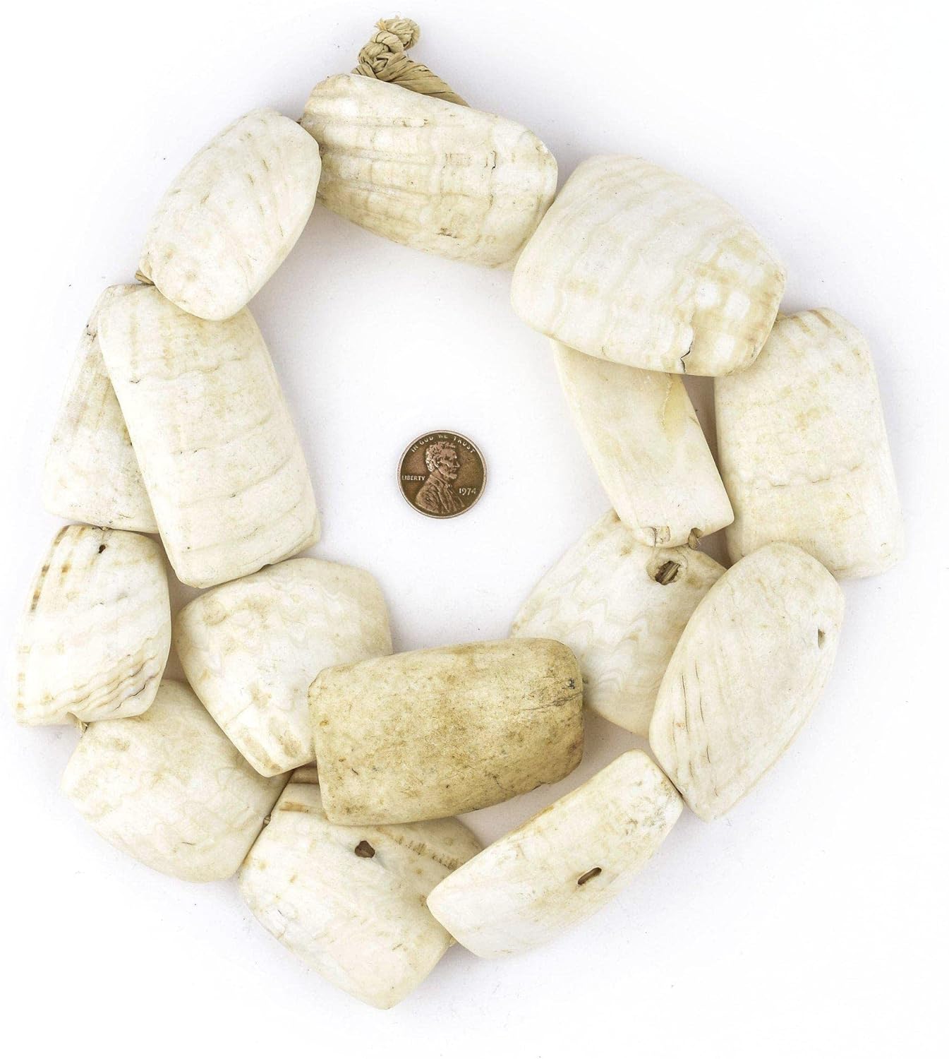 The Bead Chest West African Hippo Teeth Shell Beads 30mm Mauritania White Unusual Large Hole 28 Inch Strand Handmade