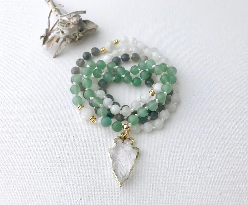 Natural Green Aventurine Moonstone Labradorite and Quartz 8mm 108 Mala Beads, Spiritual, Meditation Beads, Reiki, Japa Mala, Buddhist Prayer Beads, Yoga Bracelet, healing beads LKMALA-RRGU-2187