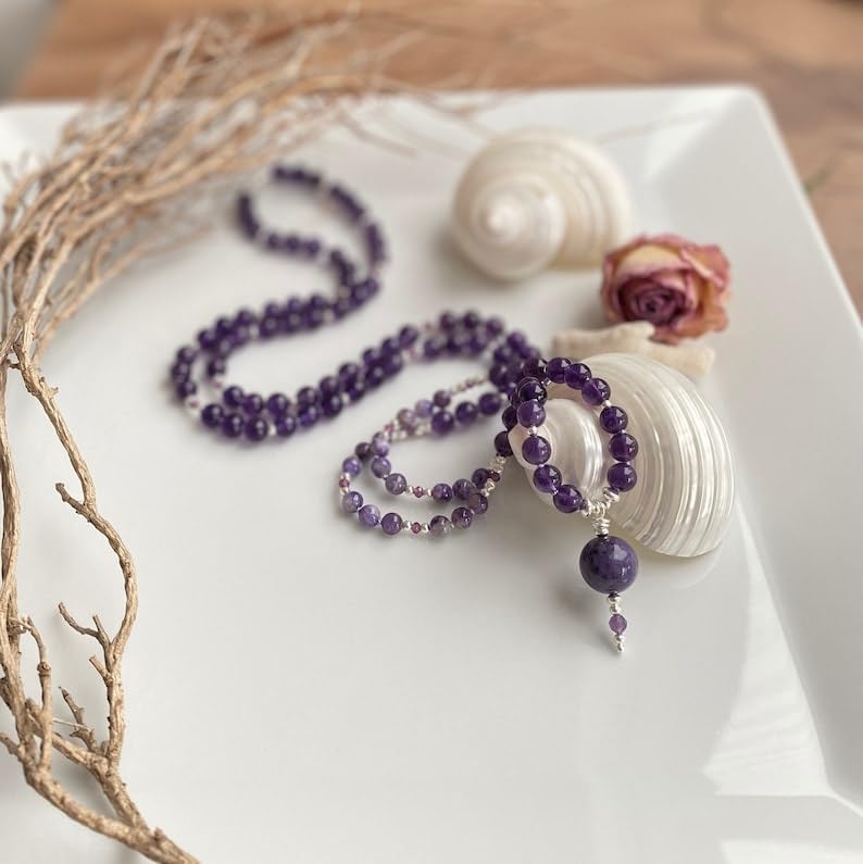 Natural Dark charoite and amethyst 5mm,6mm 108 Mala Beads, Spiritual, Meditation Beads, Reiki, Japa Mala, Buddhist Prayer Beads, Yoga Bracelet, healing beads LKMALA-RRGU-3484