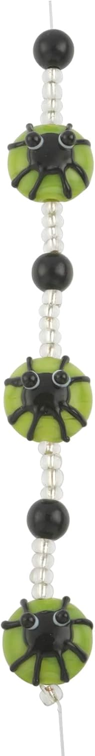 Bead Landing Green & Black Spider Lampwork Glass Bead Mix - Puffed Coin-Shaped Beads with Spider Design for Jewelry Making and Crafts, 12 Pack