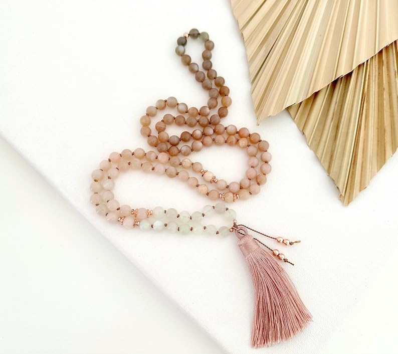 Natural Sunstone and Moonstone 6mm 108 Mala Beads, Spiritual, Meditation Beads, Reiki, Japa Mala, Buddhist Prayer Beads, Yoga Bracelet, healing beads LKMALA-RRGU-2057