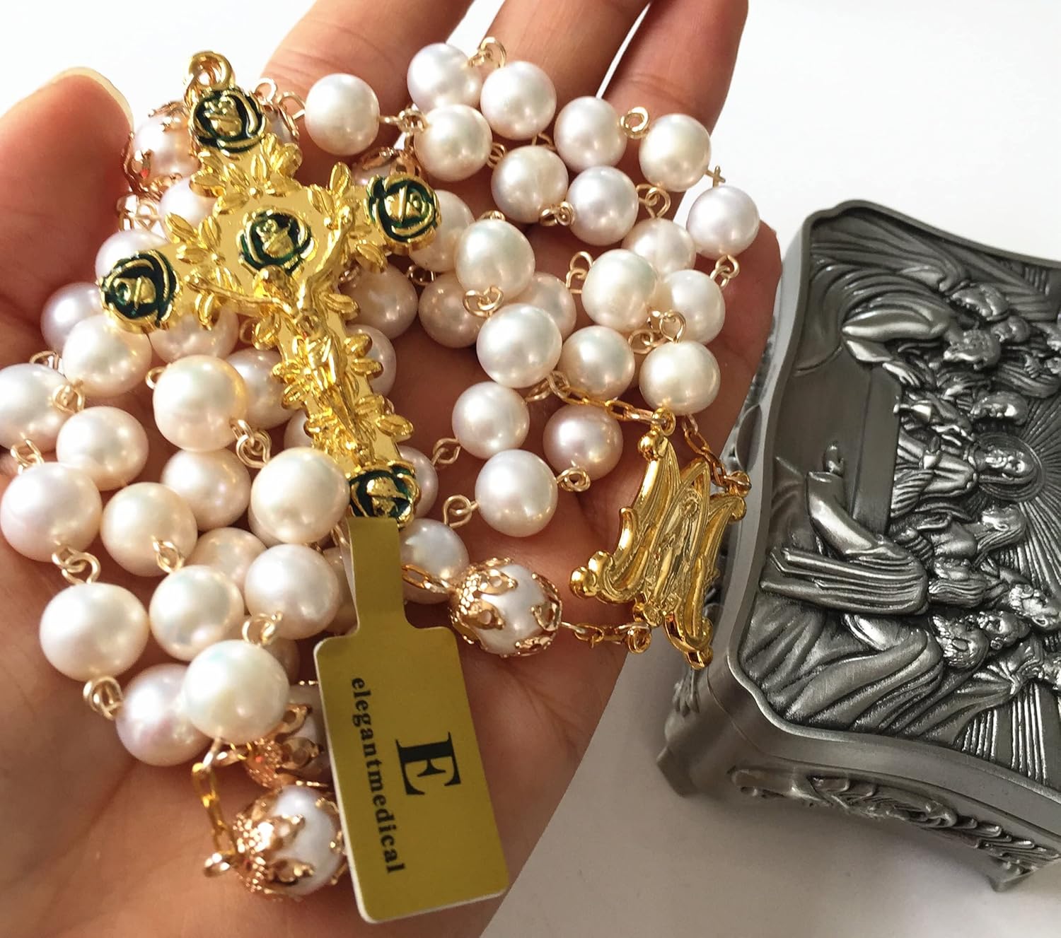 elegantmedical HANDMADE AAA+ 10MM White Real Pearl BEADS ROSE CATHOLIC ROSARY CROSS GIFT NECKLACE Supper BOX case