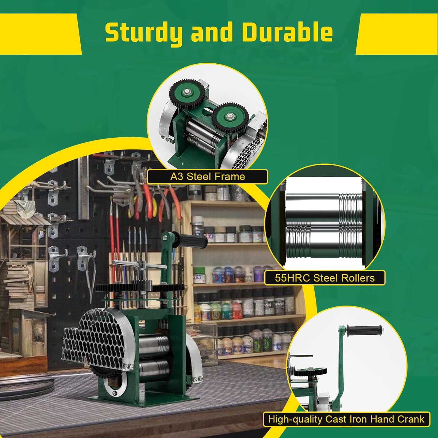 Deroanke Rolling Mill Machine, 120mm Width 3-in-1 Manual Jewelry Rolling Mill, Adjustable Press Thickness Mill for Jewelry Making with Handle for Pressing Metal into Sheets, Square and Half Round