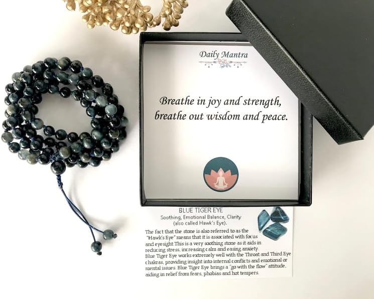 Natural BLUE Tiger Eye 8mm 108 Mala Beads, Spiritual, Meditation Beads, Reiki, Japa Mala, Buddhist Prayer Beads, Yoga Bracelet, healing beads LKMALA-RRGU-3389