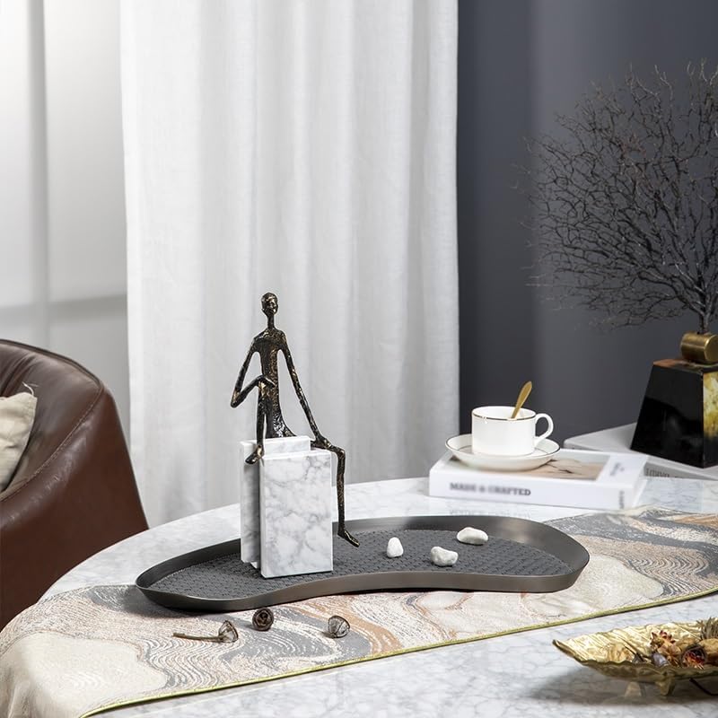 Tray Decor Simple Modern Metal Geometric Black Leather Tray Tray Living Room Sample Ornaments Storage Tray Food Tray(Medium)