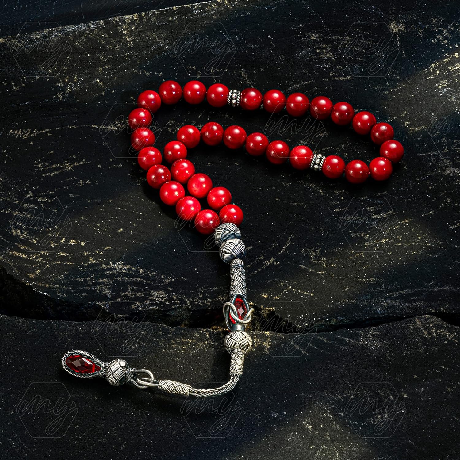 1000 Ct Silver Turkish Kazaz Coral Stone Islamic 33 Prayer Beads Tasbeeh Rosary