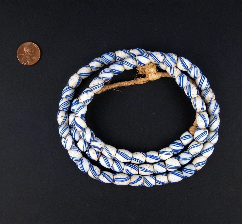 The Bead Chest Antique Great Lake Trade Beads Long Strand 9mm West Africa African Blue Oval Glass Large Hole 32 Inch Strand Handmade