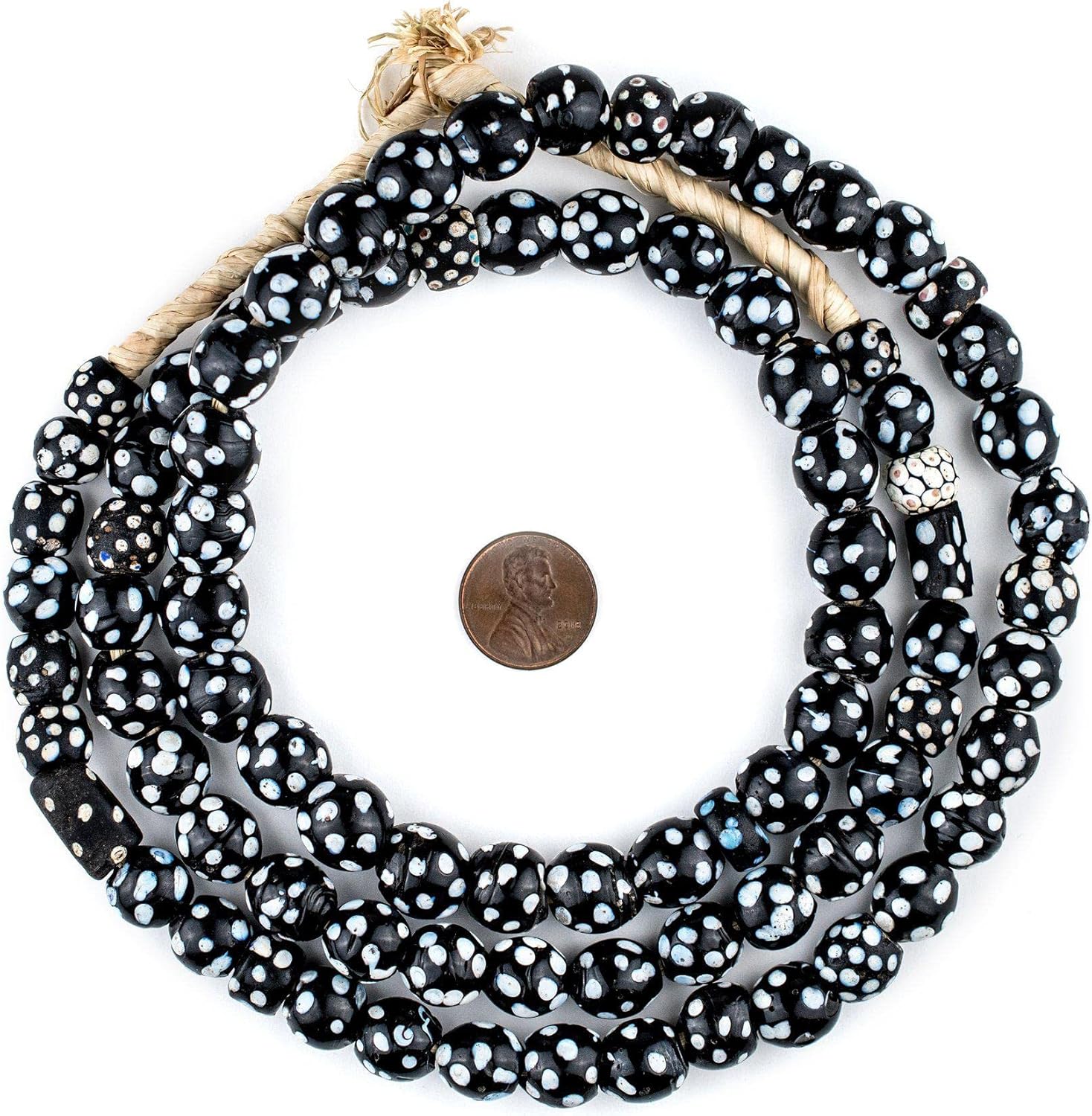 The Bead Chest Old Black & White Skunk Eye Beads Long Strand 11mm Ghana African Black and White Round Glass Large Hole 40 Inch Strand Handmade