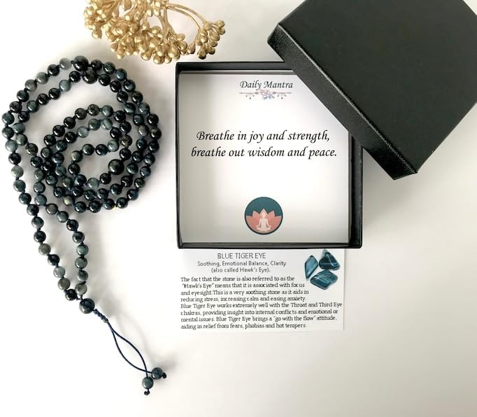 Natural BLUE Tiger Eye 8mm 108 Mala Beads, Spiritual, Meditation Beads, Reiki, Japa Mala, Buddhist Prayer Beads, Yoga Bracelet, healing beads LKMALA-RRGU-3389