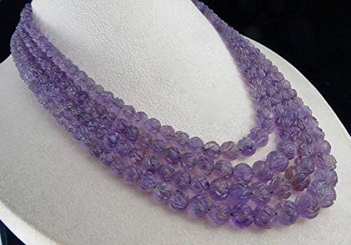 4 Line Natural Amethyst Carved Round Beads Necklace 16 INCHES 11 MM to 6 MM Code-HIGH-46433
