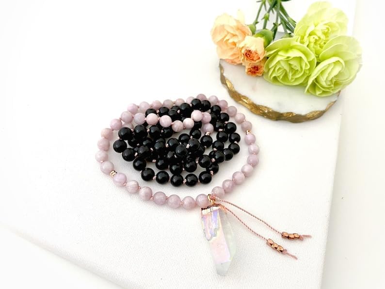 Natural Kunzite and Black Tourmaline 8mm 108 Mala Beads, Spiritual, Meditation Beads, Reiki, Japa Mala, Buddhist Prayer Beads, Yoga Bracelet, healing beads LKMALA-RRGU-2082