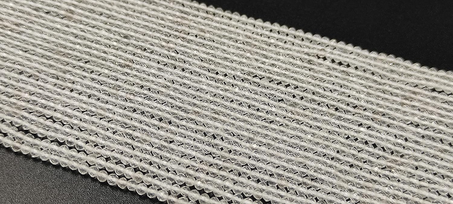 Hanumat Gems Lot of 5 Strands Natural Crystal Quartz Micro Cut Faceted Rondelle Beads,Quartz Faceted Beads,Quartz Rondelle Bead,Quartz Micro Cut Bead,2-2.5MM Quartz Beads,13 Inches Quartz Beads.