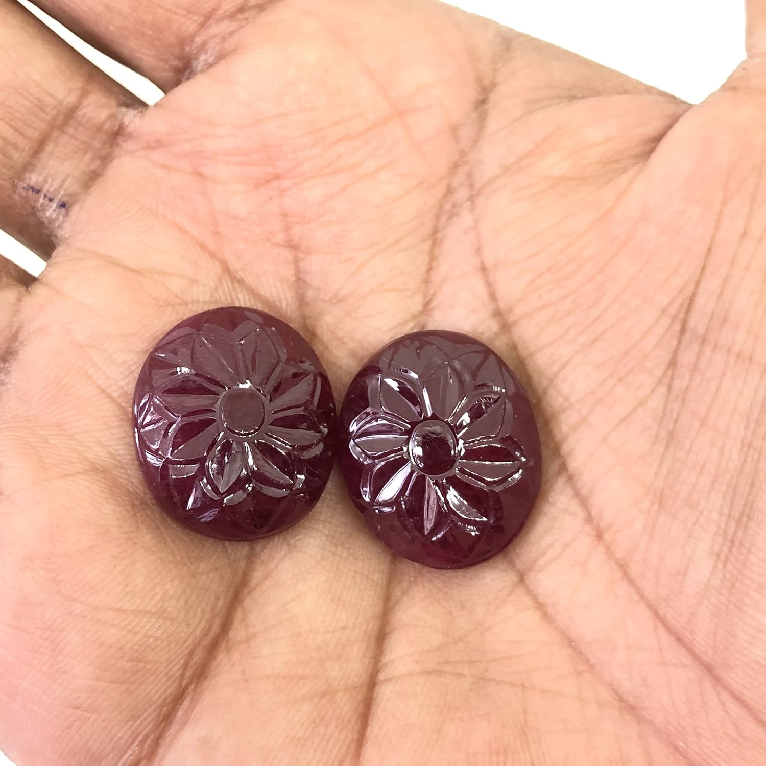 59.44 Ct Pair Deep Red Ruby Hand Carved Oval Shape Size 23x20 mm Top Quality Ruby Loose Flower Design Gemstone Best For Making Earring, Pendant Jewelry
