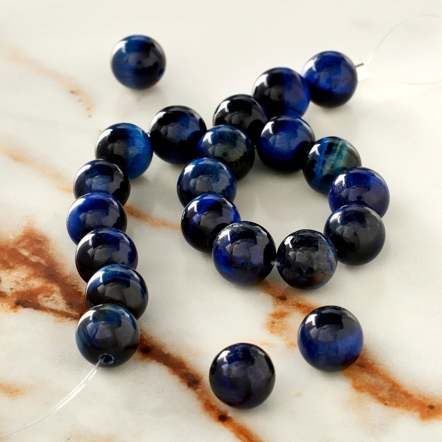 Bead Landing Dark Blue Tiger Eye Round Beads – 8mm Dyed Gemstone Beads on Strands for Jewelry Making & Crafts, 12 Pack