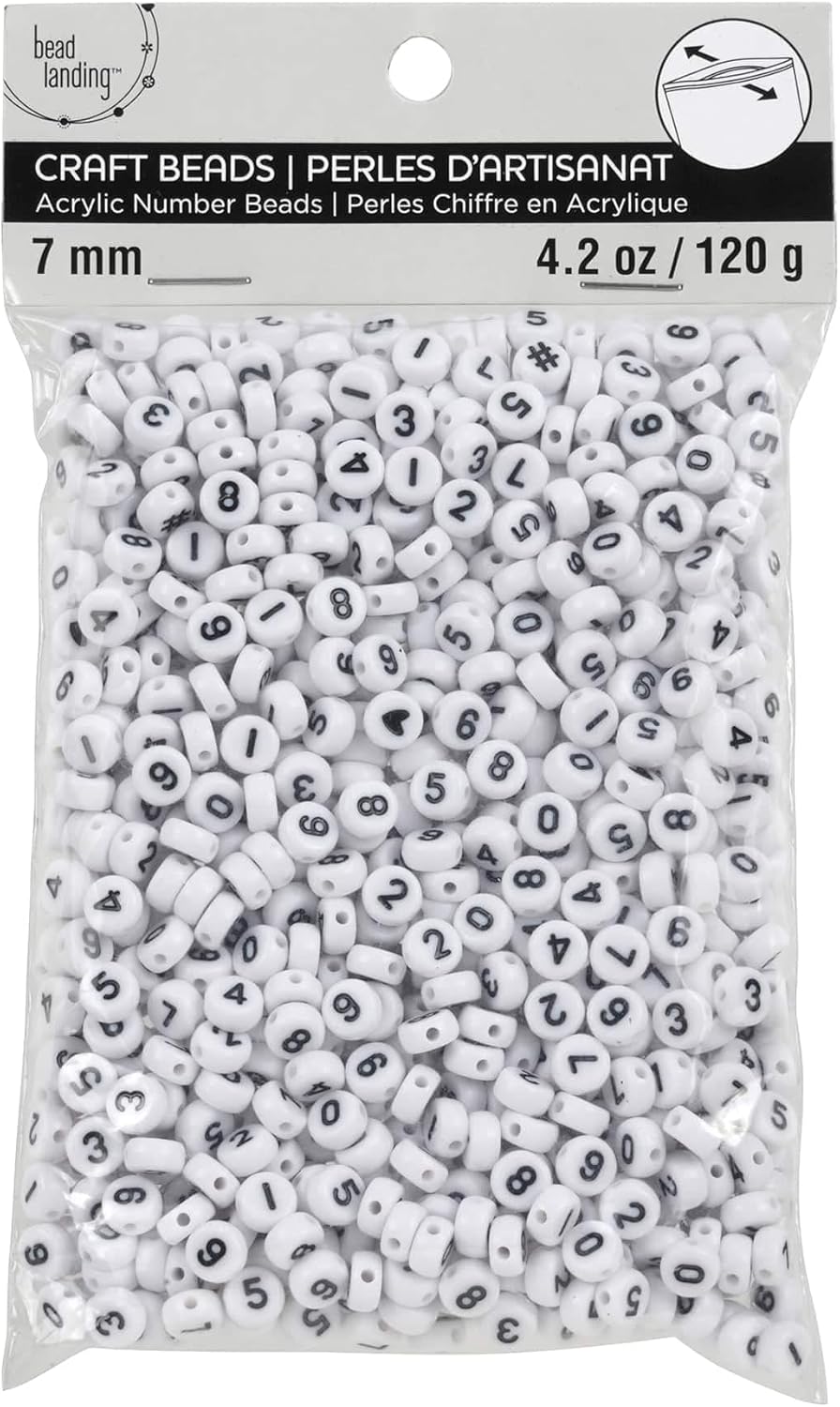 Bead Landing White & Black Number Acrylic Circle Craft Beads, 7mm, 12 Pack
