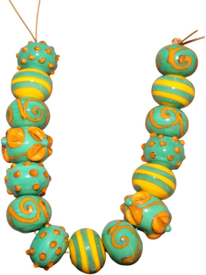 Handcrafted Multicolor Lampwork Glass Beads | Turquoise & Yellow Decorative Artistic Beads | Available in 10 Strands | Premium Handmade for Jewelry Making & DIY Crafts.