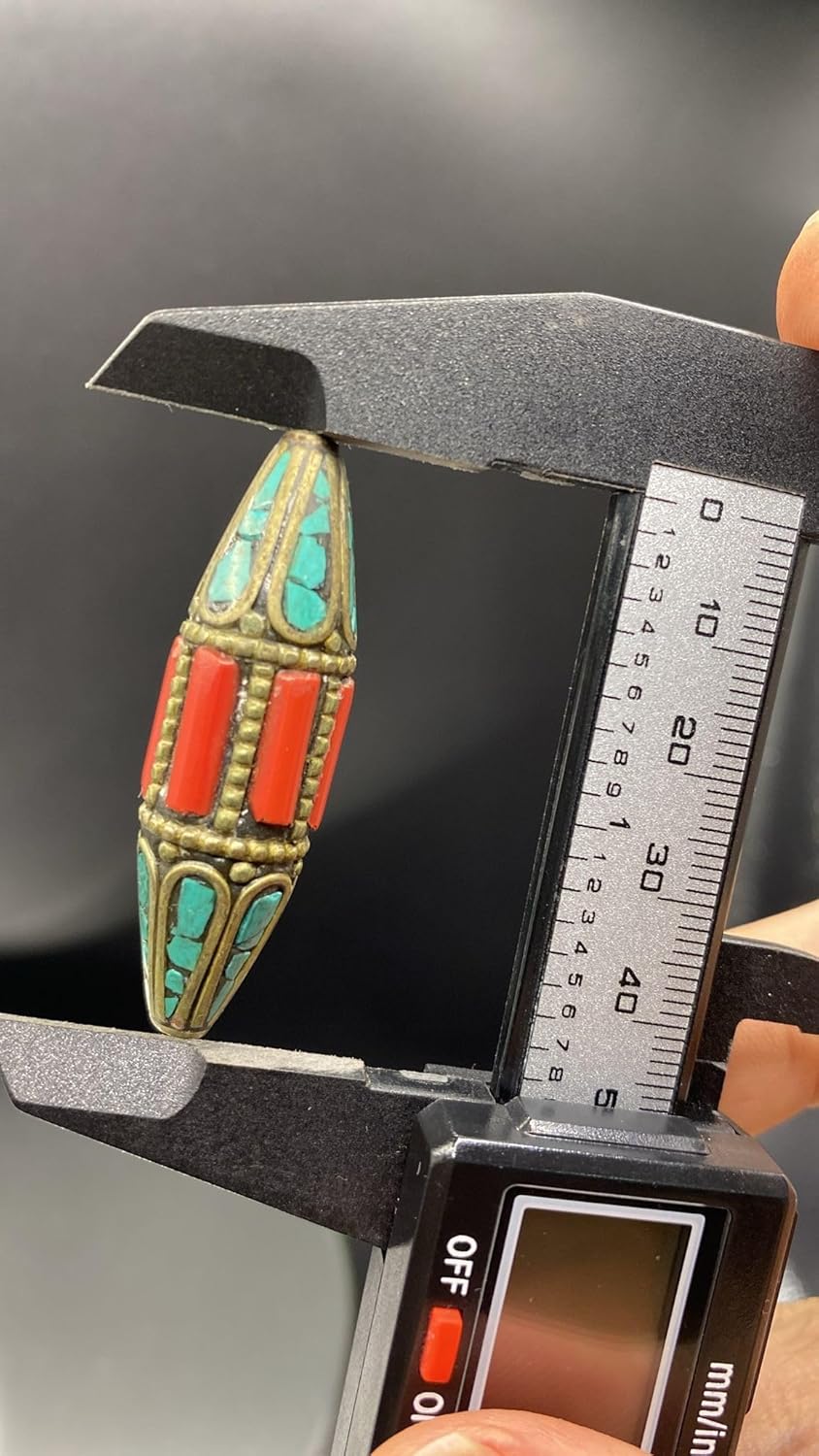 Handcrafted 13g Nepalese Tibetan Brass Bead with Turquoise & Coral Inlay – Vintage Ethnic Dzi Style Barrel Bead for Jewelry Making