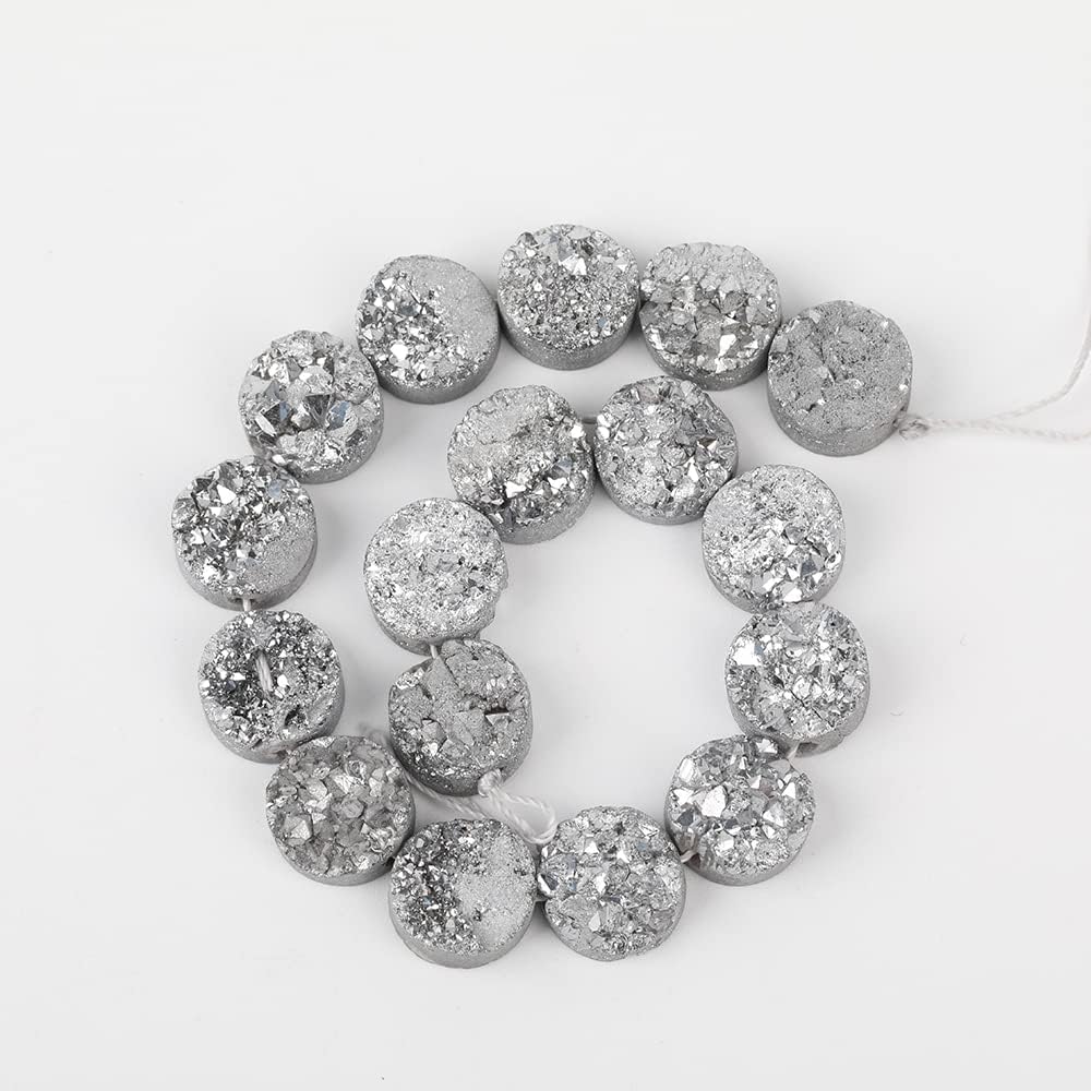 Natural Crystal Stone, 16PCS/Strand.12Mm Silvery Titanium Middle Drilled Drusy Agates Stone Round Beads Pendant Jewelry Findings(Style 3)