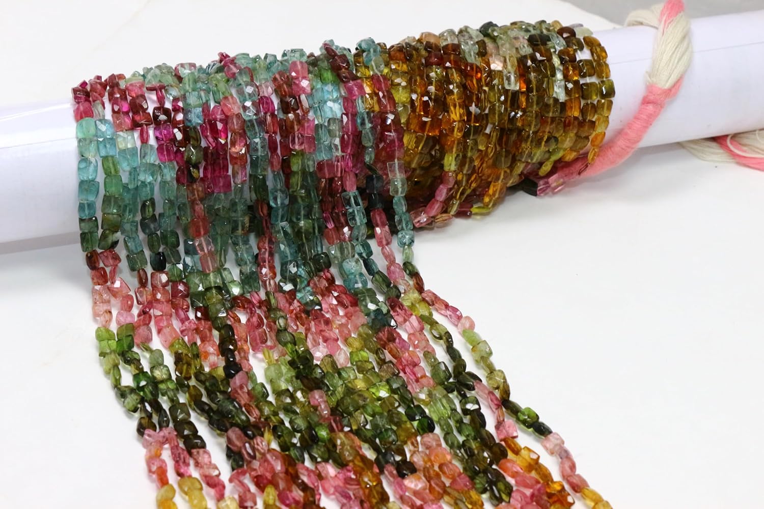 Natural Multi-Color Tourmaline Gemstone Beads, Faceted Cushion Cut, 5mm Size, 13 Inch Strand, Pink Green Mixed