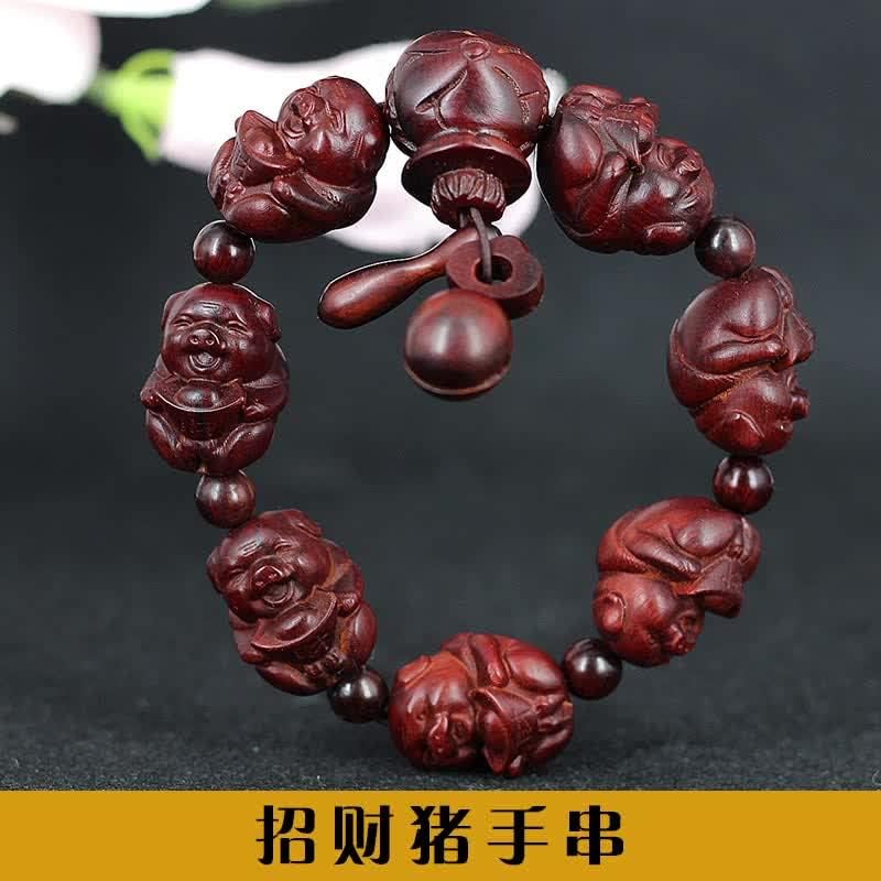 犀牛角紫檀雕刻佛珠手串 媲美小叶紫檀 老料沉水红木文玩(招财猪手串)