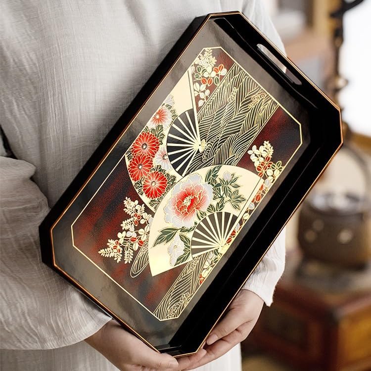 Tray Japanese Style Tray Japanese Style Elegant Handmade Lacquerware Tea Set Tray Household Tableware Storage Tray Serving Trays(B)