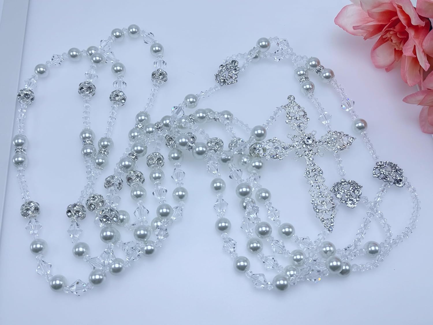 12mm White Crystal Pearls and Rhinestone Wedding Lasso/laso De Boda/Crystal Pearls Wedding Rosary Silver Plated Lazo De Boda Perlas Blancas Finas