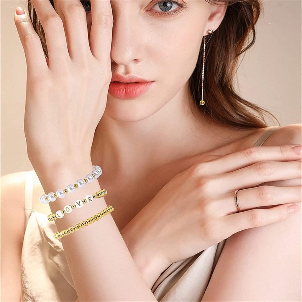 1800Pcs Beads Making Kit Gold Round Spacer Beads Alphabet Beads White Pearl Beads and Elastic String (Color : A Size : One Size)