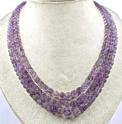 LKBEADS 3 Line Natural Amethyst Carved Beads Necklace 16 INCHES 11 MM to 6.5 MM Code-HIGH-46419