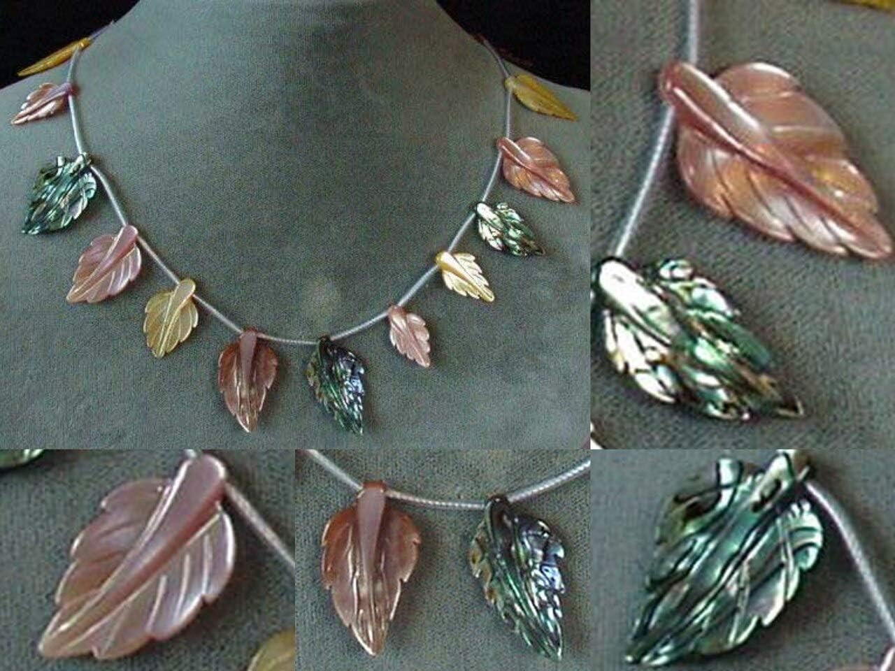 Abalone Pink and Golden Mother of Pearl Hand Carved Leaf Bead Strand for Jewelry Making