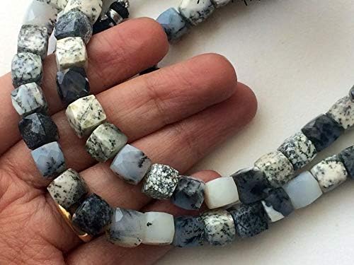 Dendrite Box Beads, Natural Dendrite Faceted Cube Beads, White & Black Gemstone Beads, 8-8.5mm, 8 Inch, 22 Pcs