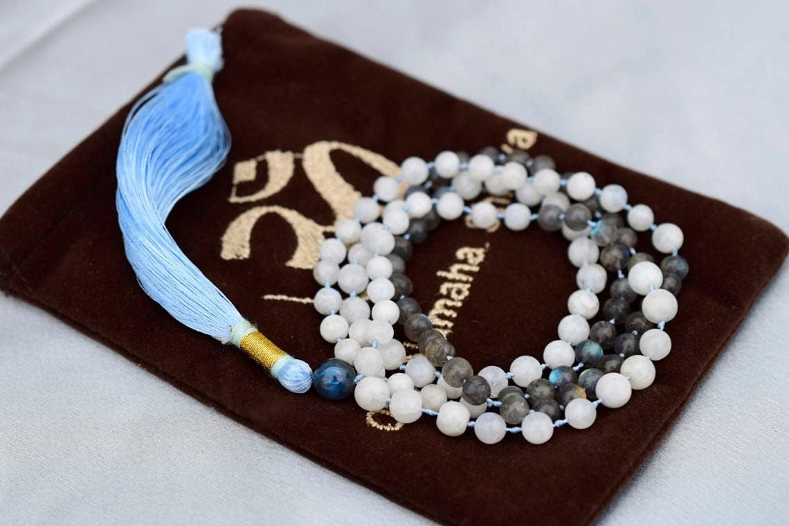 Rainbow Moonstone Labradorite 108 Beads Necklace, Tessel Prayer Beads Mala, Yoga Mala, Blessing Spiritual Ferility Jewelry Gifts, Moonstone Rosary