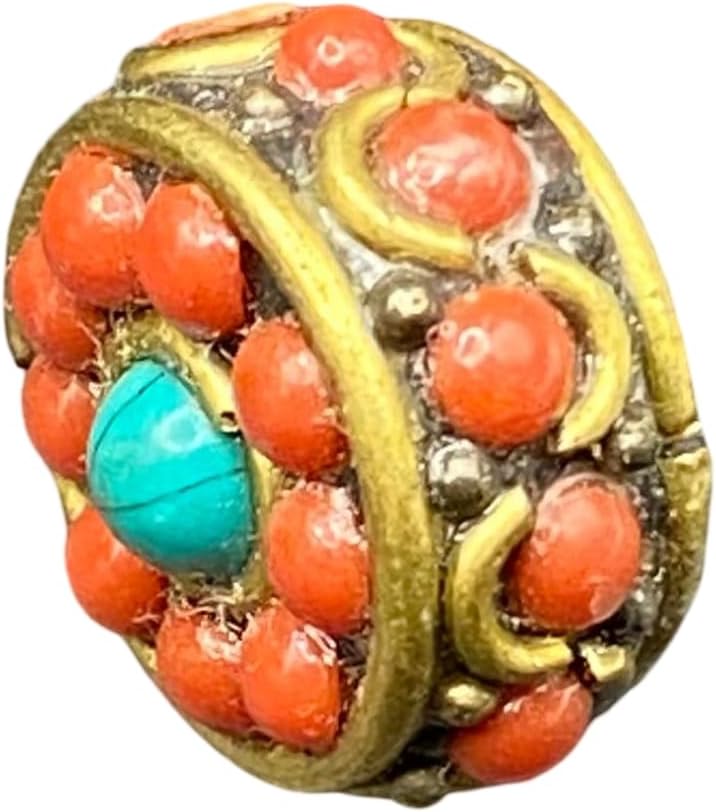 Old Antique 16x10mm Nepalese Tibetan Bead with Coral and Turquoise Inlay – 4.61g Handmade Brass Vintage Bead for Jewelry Making, Boho Crafts, Healing & Meditation Accessories (50)