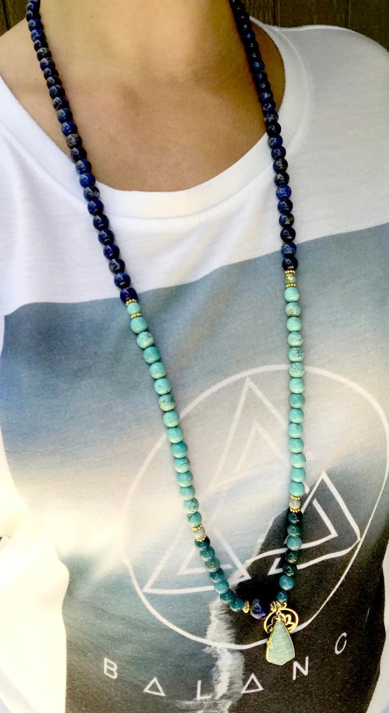Natural Blue Apatite, Turquoise, Lapis Lazuli 8mm 108 Mala Beads, Spiritual, Meditation Beads, Reiki, Japa Mala, Buddhist Prayer Beads, Yoga Bracelet, healing beads LKMALA-RRGU-2502