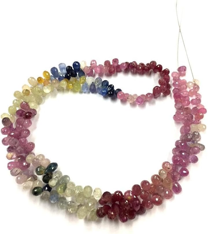 Natural Multi Color Sapphire Teardrop facated Beads 4 MM 19 inch Long String Jewelry Making Gemstone Beads for Necklace Bracelet