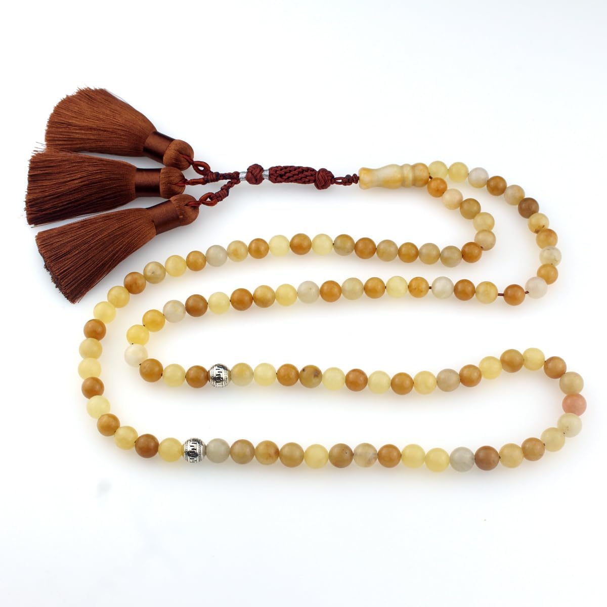 Muslims Islamic Dhikr 99 Tasbeeh Tasbih Prayer Beads, Yellow Jade Stone Beads with Tassel
