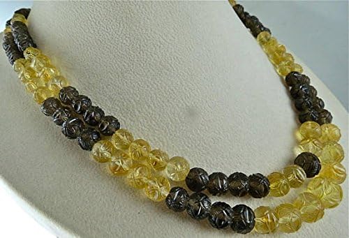 2 Line Natural Citrine Smoky Quartz Carved Gemstone Beads Necklace 20 inches 13MM to 7MM