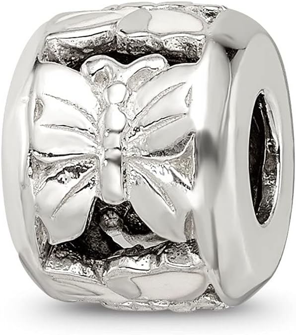 Solid 925 Sterling Silver Reflections White Enameled Butterfly Bead (7.3mm x 10mm)