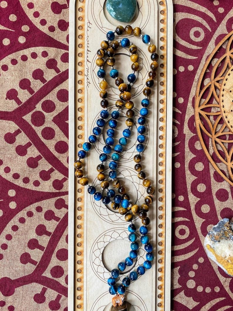 Natural Tiger’s Eye,Tiger’s Eye (Blue) 8mm 108 Mala Beads, Spiritual, Meditation Beads, Reiki, Japa Mala, Buddhist Prayer Beads, Yoga Bracelet, healing beads LKMALA-RRGU-3946