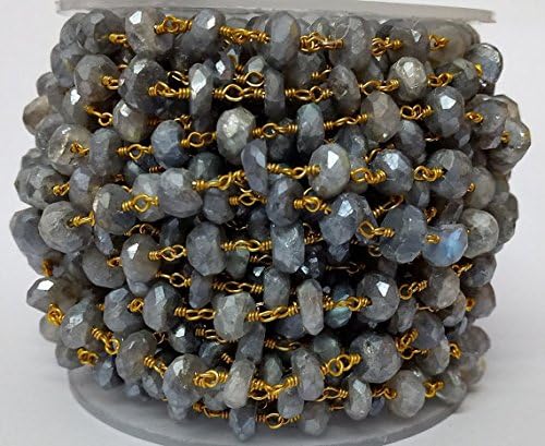 3 Feet Natural Mistique Labradorite Rosary Beaded Chain - Mystic Labradorite Beads Size 6-7mm - 24K Gold Plated Wire Wrapped Chain