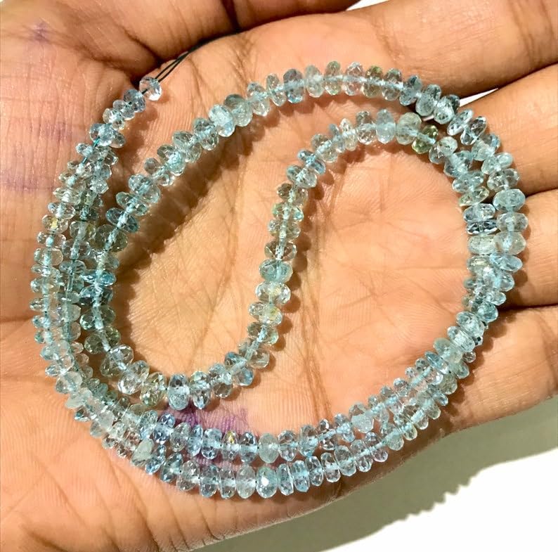 Natural Aquamarine rondelle Faceted Beads 4-5.5 MM 18 inch Long String Jewelry Making Gemstone Beads for Necklace Bracelet