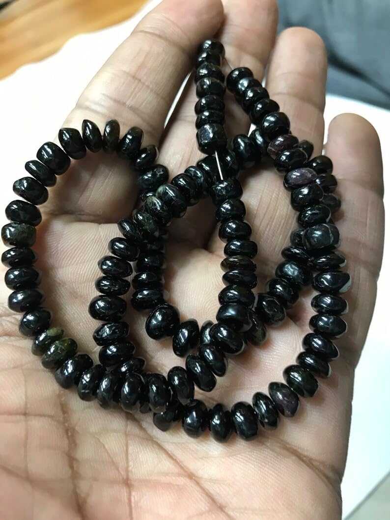 Natural Black TRUMULINE roundelle Smooth Beads 7-8 MM 18 inch Long String Jewelry Making Gemstone Beads for Necklace Bracelet