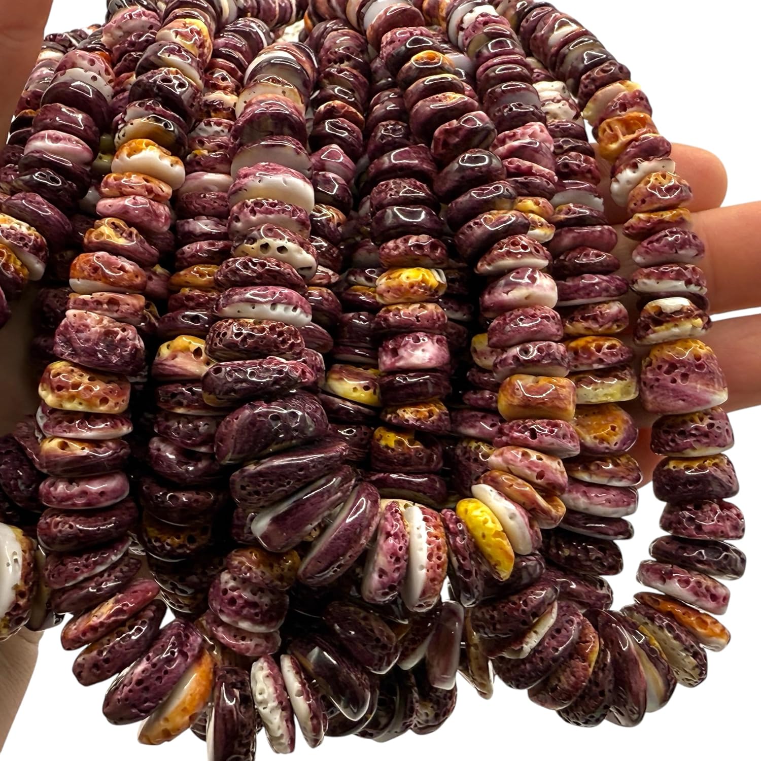 ABCGEMS Gigantic Purple Spiny Oyster Shell Beads (Ethically Sourced- Small Batch Production) Raw Texture with Yellow Highlights - Ocean Formed Pinholes Over 10+ Years - Heishi 8-20mm (Graduated)